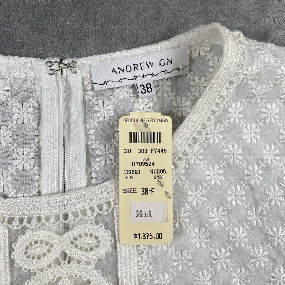 Andrew GN Top Womens Sz 6 FR 38 White Semi Sheer Blouse Lace Cotton Silk France - Picture 5 of 13